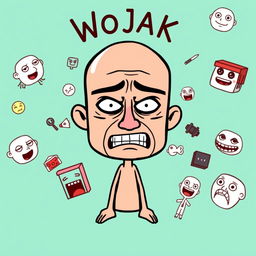 Wojak, a simplistic yet expressive meme character, typically depicted with a bald head and an emotionally expressive face, surrounded by various internet meme elements, embodying a sense of internet culture humor and satire