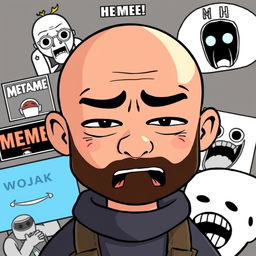 Wojak, a simplistic yet expressive meme character, typically depicted with a bald head and an emotionally expressive face, surrounded by various internet meme elements, embodying a sense of internet culture humor and satire