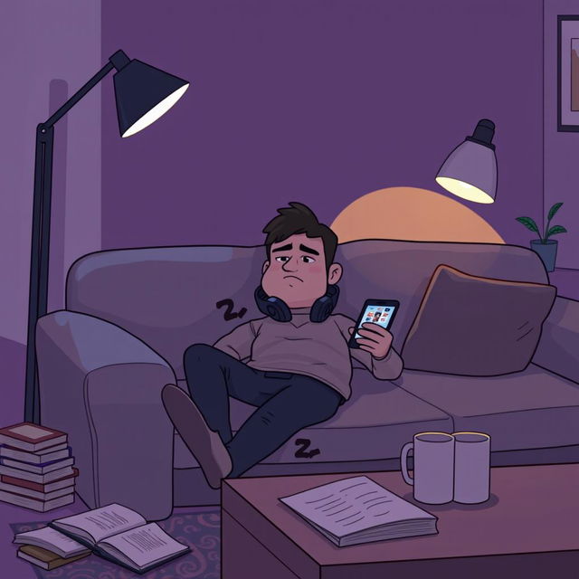 Doomer Wojak character lying on a comfortable couch, holding a smartphone, watching social media reels