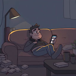 Doomer Wojak character lying on a comfortable couch, holding a smartphone, watching social media reels
