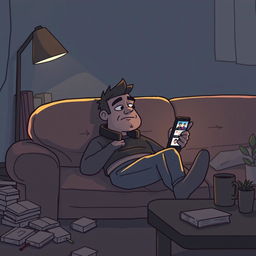 Doomer Wojak character lying on a comfortable couch, holding a smartphone, watching social media reels