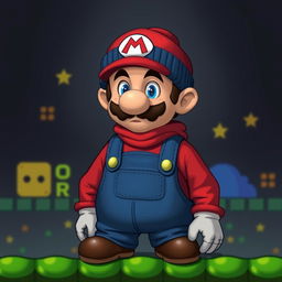 A doomer Wojak character dressed as Mario from the Super Mario video games