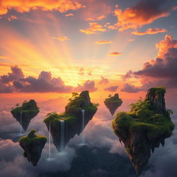 A surreal scene depicting a mesmerizing sunset over enchanting floating islands