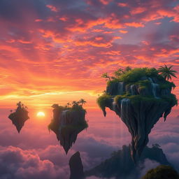 A surreal scene depicting a mesmerizing sunset over enchanting floating islands