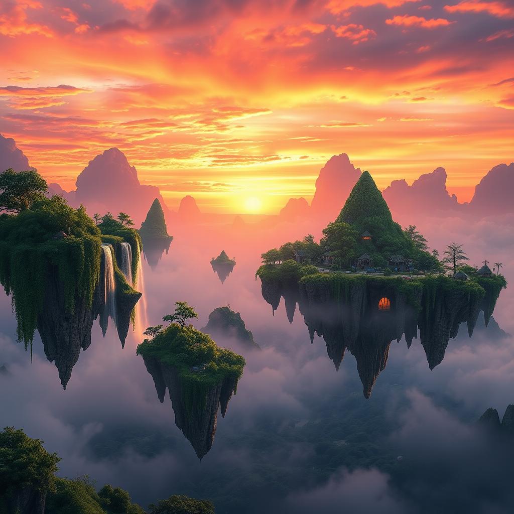 A surreal scene depicting a mesmerizing sunset over enchanting floating islands