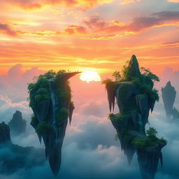 A surreal scene depicting a mesmerizing sunset over enchanting floating islands