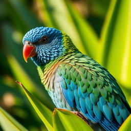 close-up of a vibrant tropical bird with intricate feather details perched on a lush green plant