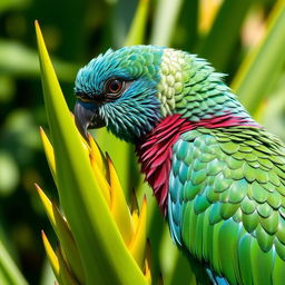 close-up of a vibrant tropical bird with intricate feather details perched on a lush green plant