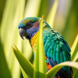 close-up of a vibrant tropical bird with intricate feather details perched on a lush green plant