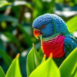 close-up of a vibrant tropical bird with intricate feather details perched on a lush green plant