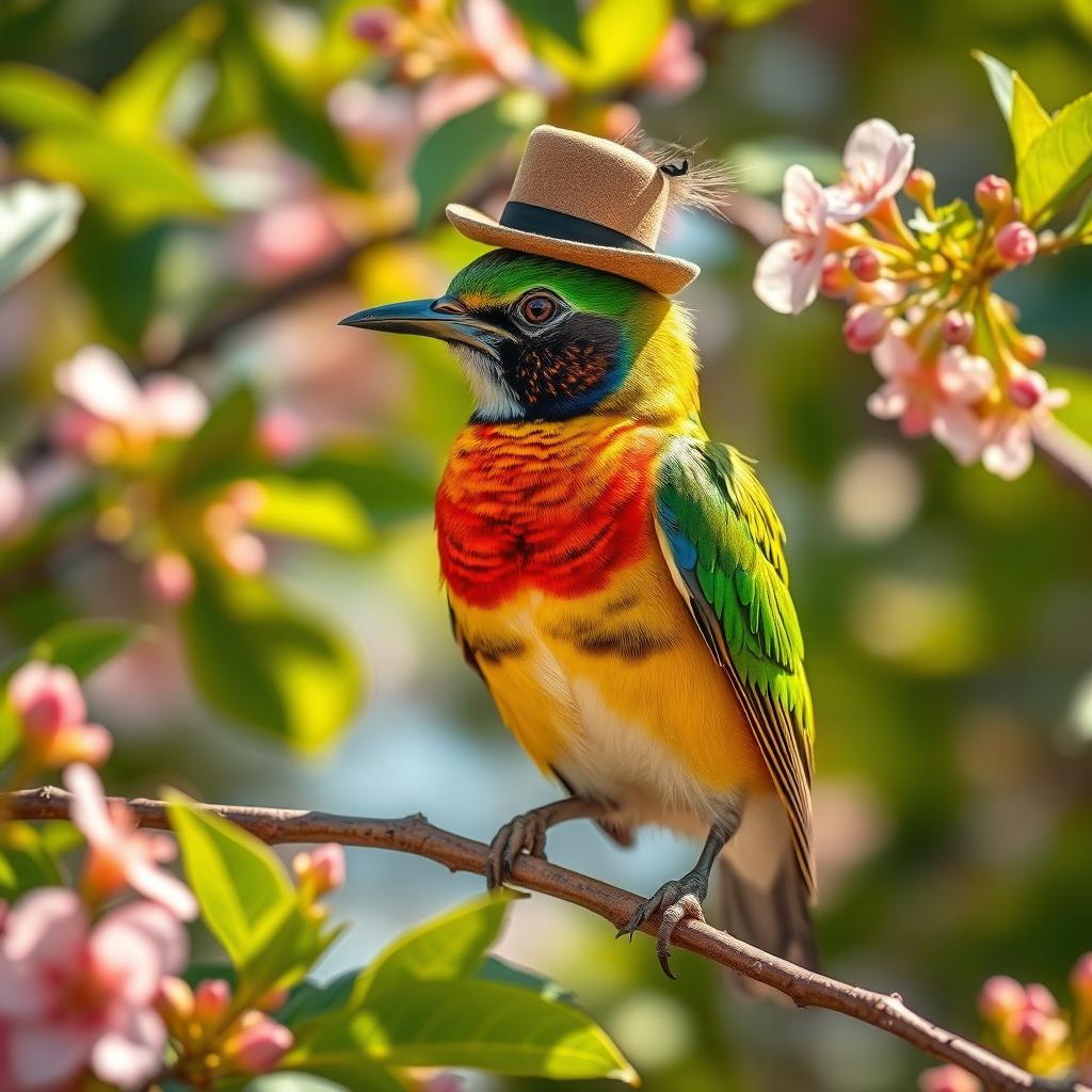 A vibrant and colorful bird wearing a stylish small hat atop its head