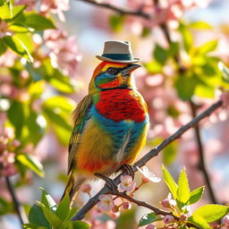 A vibrant and colorful bird wearing a stylish small hat atop its head