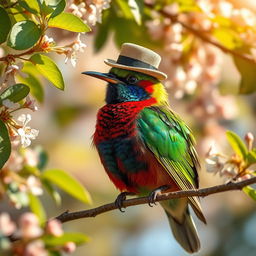 A vibrant and colorful bird wearing a stylish small hat atop its head