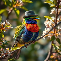 A vibrant and colorful bird wearing a stylish small hat atop its head