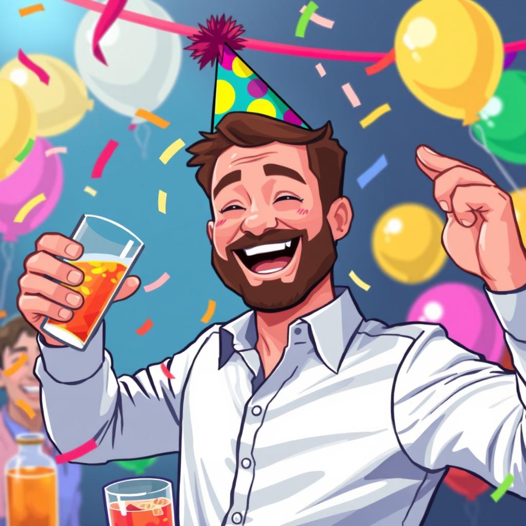 A pixel art style depiction of a cheerful party man