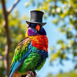 A vibrant and colorful bird wearing a stylish small top hat perched on its head