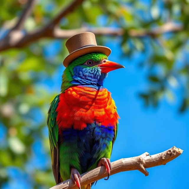 A vibrant and colorful bird wearing a stylish small top hat perched on its head