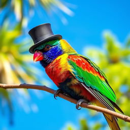 A vibrant and colorful bird wearing a stylish small top hat perched on its head