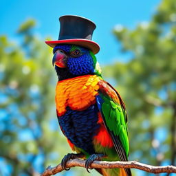 A vibrant and colorful bird wearing a stylish small top hat perched on its head