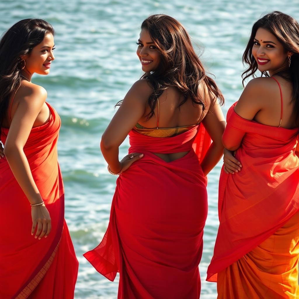 Three Indian women with distinct and alluring curves, including large breasts and large behinds, are posing gracefully by the sea