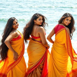 Three Indian women with distinct and alluring curves, including large breasts and large behinds, are posing gracefully by the sea