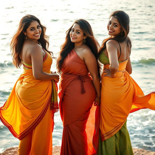 Three Indian women with distinct and alluring curves, including large breasts and large behinds, are posing gracefully by the sea