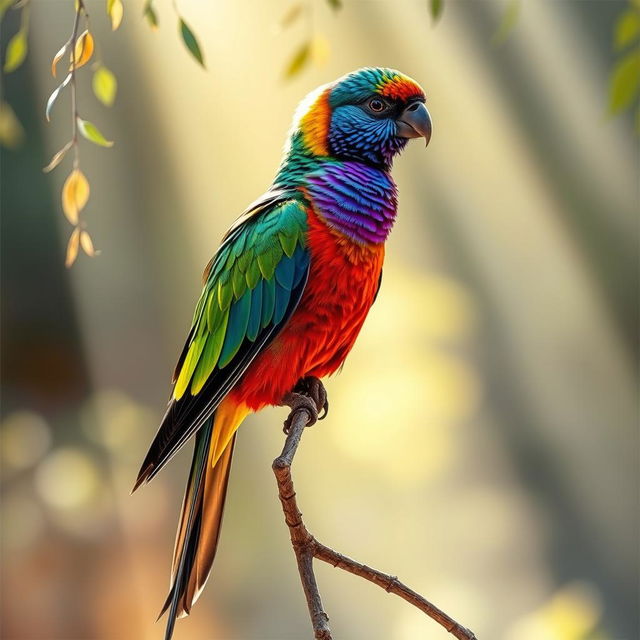 A majestic and vividly colored bird showcasing its elegant feathers against a serene natural background