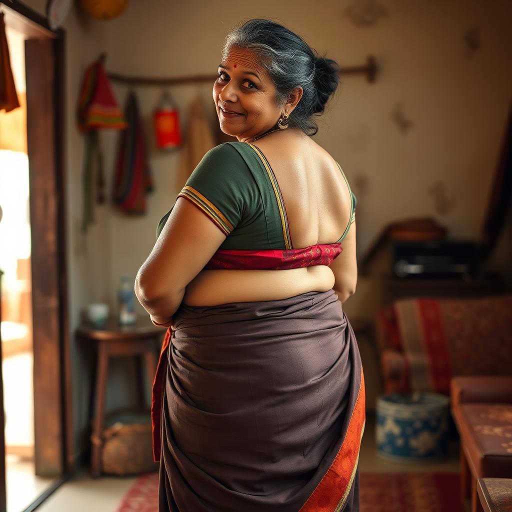 A 45-year-old Indian woman with a captivating presence and a generously proportioned figure, including a big behind, is depicted as a maternal figure in a humble home