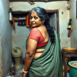 A 45-year-old Indian woman with a captivating presence and a generously proportioned figure, including a big behind, is depicted as a maternal figure in a humble home