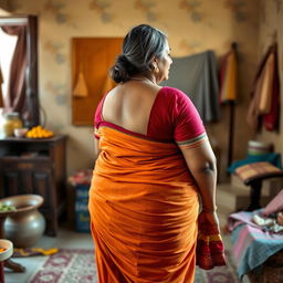 A 45-year-old Indian woman with a captivating presence and a generously proportioned figure, including a big behind, is depicted as a maternal figure in a humble home