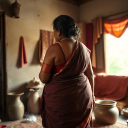 A 45-year-old Indian woman with a captivating presence and a generously proportioned figure, including a big behind, is depicted as a maternal figure in a humble home