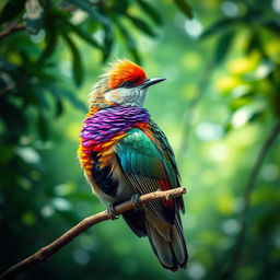 A beautiful and radiant bird displaying its elaborate and colorful plumage, nestled comfortably on a slender branch