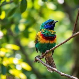 A beautiful and radiant bird displaying its elaborate and colorful plumage, nestled comfortably on a slender branch