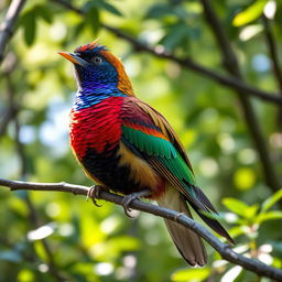 A beautiful and radiant bird displaying its elaborate and colorful plumage, nestled comfortably on a slender branch