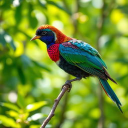 A beautiful and radiant bird displaying its elaborate and colorful plumage, nestled comfortably on a slender branch