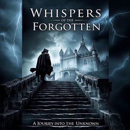 A captivating book cover design featuring a mysterious silhouette of a cloaked figure standing atop an ancient, weathered stone staircase that leads up to a grand, gothic-style castle, partially obscured by mist and clouds