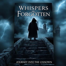 A captivating book cover design featuring a mysterious silhouette of a cloaked figure standing atop an ancient, weathered stone staircase that leads up to a grand, gothic-style castle, partially obscured by mist and clouds