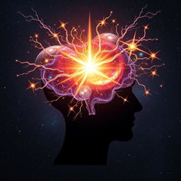 An imaginative depiction of the human mind's power, featuring a silhouette of a human head with an explosion of galaxies and stars emanating from it, symbolizing imagination and innovation