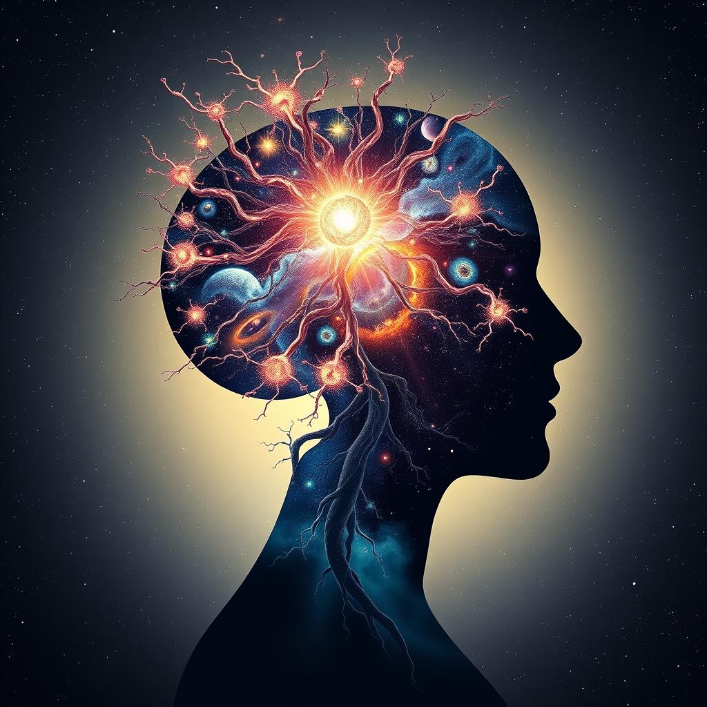 An imaginative depiction of the human mind's power, featuring a silhouette of a human head with an explosion of galaxies and stars emanating from it, symbolizing imagination and innovation