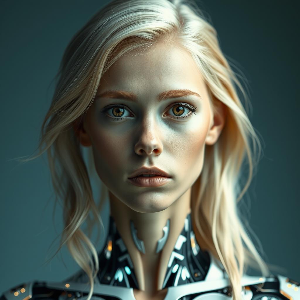 A young woman with blonde hair and brown eyes, embodying a mesmerizing fusion where half of her body is human and the other half is robotic