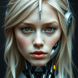 A young woman with blonde hair and brown eyes, embodying a mesmerizing fusion where half of her body is human and the other half is robotic