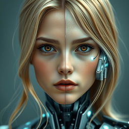 A young woman with blonde hair and brown eyes, embodying a mesmerizing fusion where half of her body is human and the other half is robotic