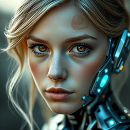 A young woman with blonde hair and brown eyes, embodying a mesmerizing fusion where half of her body is human and the other half is robotic