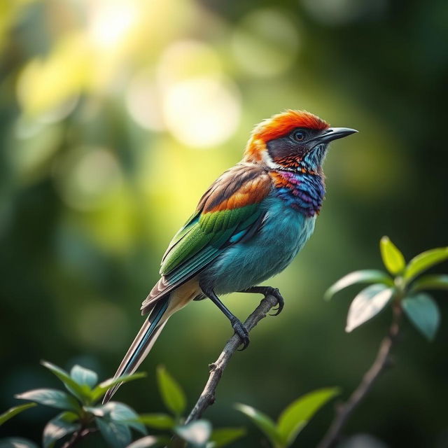 An enchanting bird with strikingly detailed plumage, perched gracefully atop a slender branch amidst lush greenery