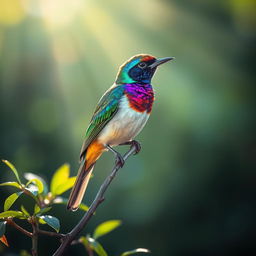 An enchanting bird with strikingly detailed plumage, perched gracefully atop a slender branch amidst lush greenery