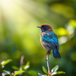 An enchanting bird with strikingly detailed plumage, perched gracefully atop a slender branch amidst lush greenery