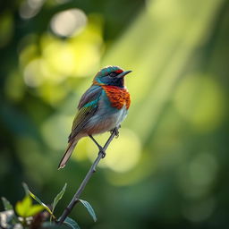 An enchanting bird with strikingly detailed plumage, perched gracefully atop a slender branch amidst lush greenery