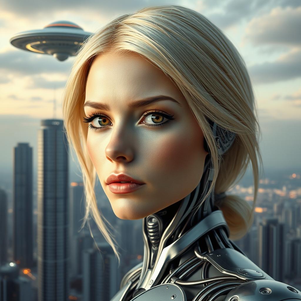 A blonde woman with brown eyes, with half of her body robotic and the other half human