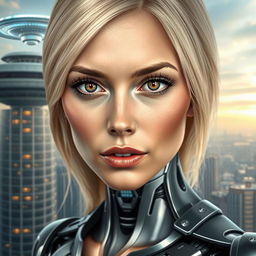 A blonde woman with brown eyes, with half of her body robotic and the other half human