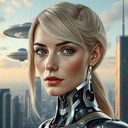 A blonde woman with brown eyes, with half of her body robotic and the other half human